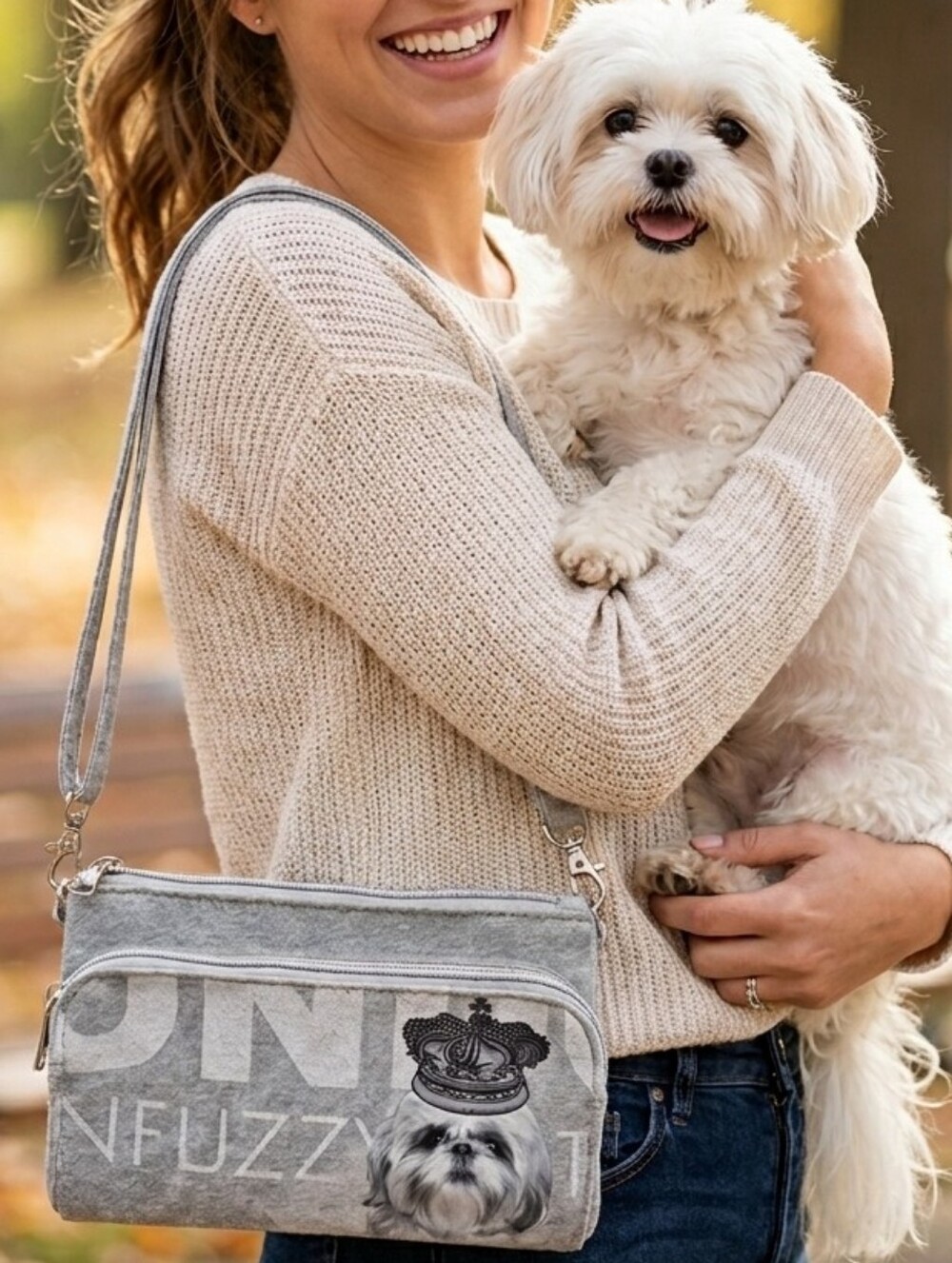 Dog Lovers! Fuzzy Nation Shih Tzu Crown Knit Fur Interior Purse